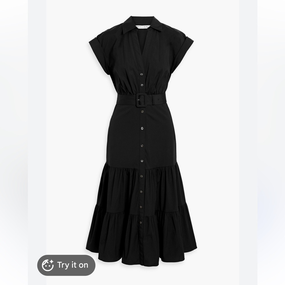 Veronica Beard Black Tiered Shirt-Maxi Dress with Belted Waist